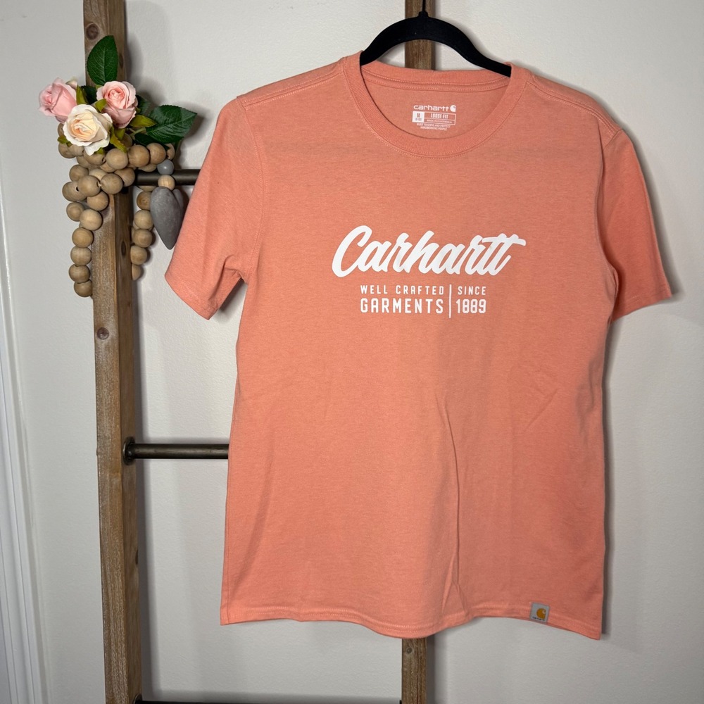 Carhartt Womens Loose Fit Peach Coral Short Sleeve Graphic Tee Size Medium